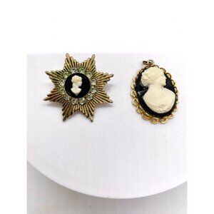 One cameo pendent and one CORO signed brooch. Black and white jewelry.